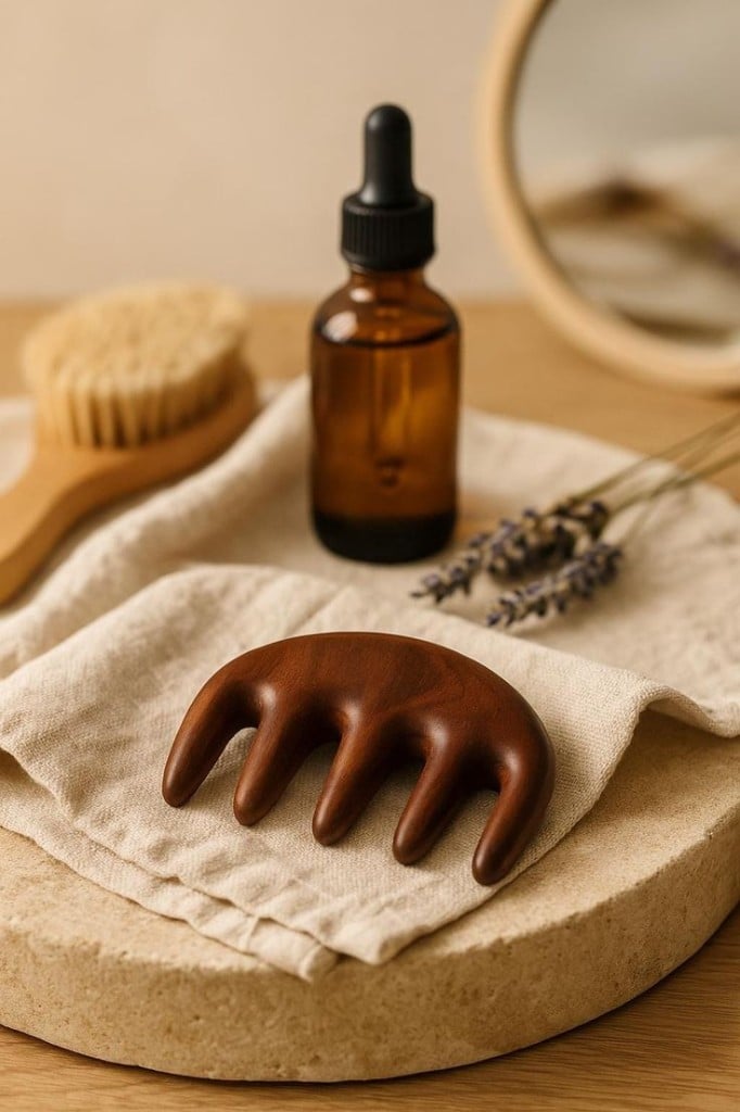Peine de madera, cepillo, aceite y lavanda para el cuidado del cuero cabelludo